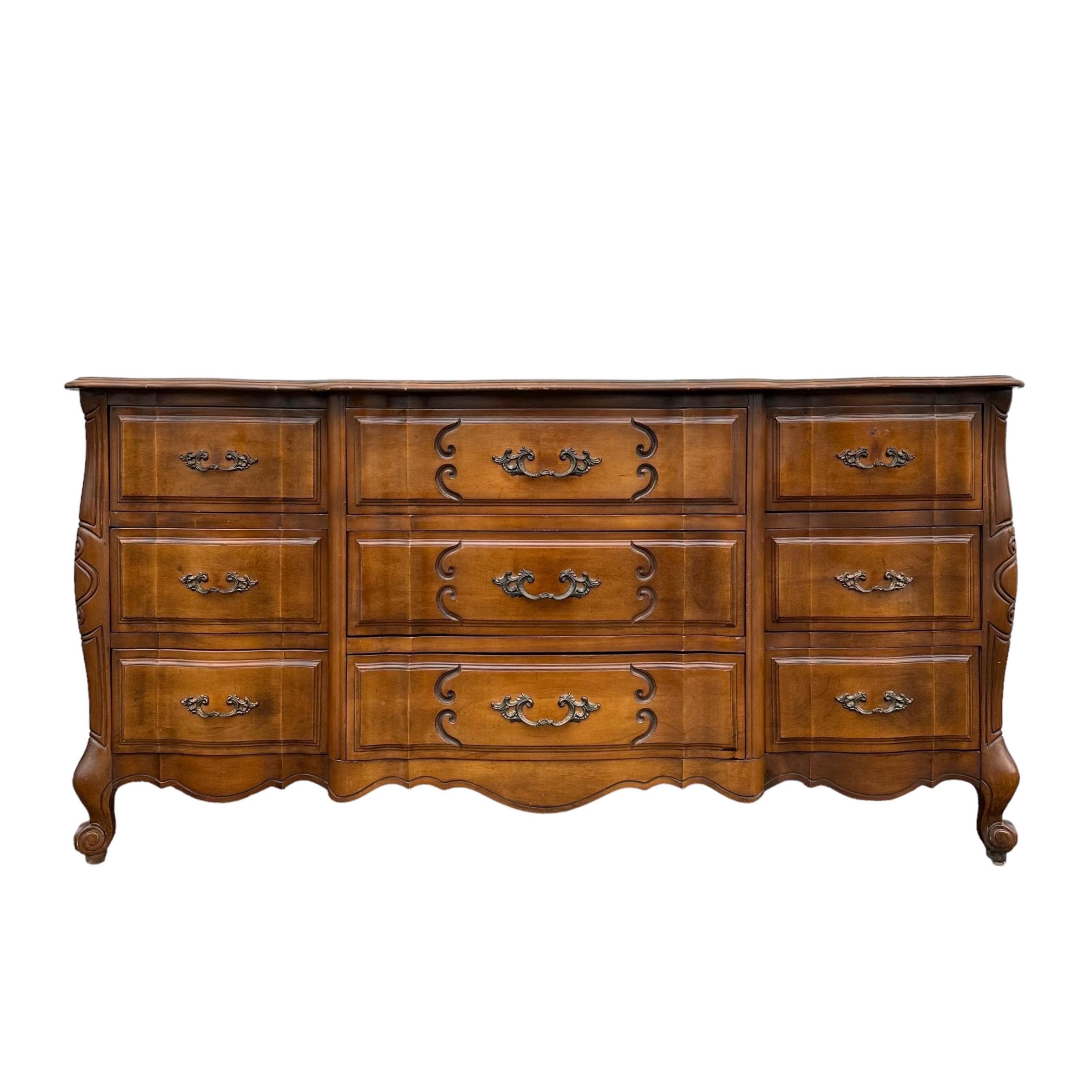 French Provincial Dresser with 9 Drawers by Sherrill Furniture 64" Long - Vintage Carved Cherry Wood Louis XV Country Shabby Chic Credenza