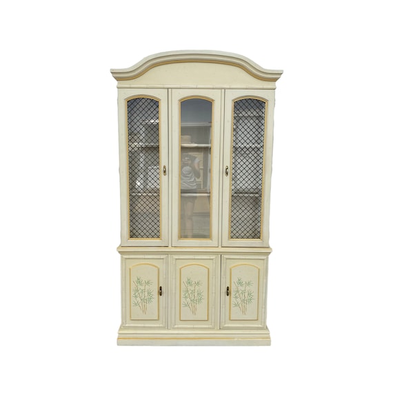 Vintage China Cabinet With Faux Bamboo Diamond Trellis Doors