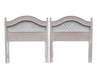 Rattan Twin Headboards by Henry Link Wicker - Set of 2 Vintage White Wash Coastal Boho Chic Hollywood Regency Bedroom Furniture Pair