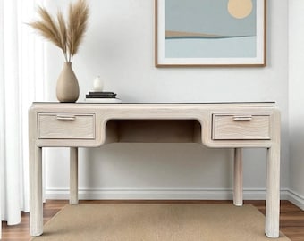 Vintage Whitewash Pencil Reed Desk 54" - American Drew Hollywood Regency