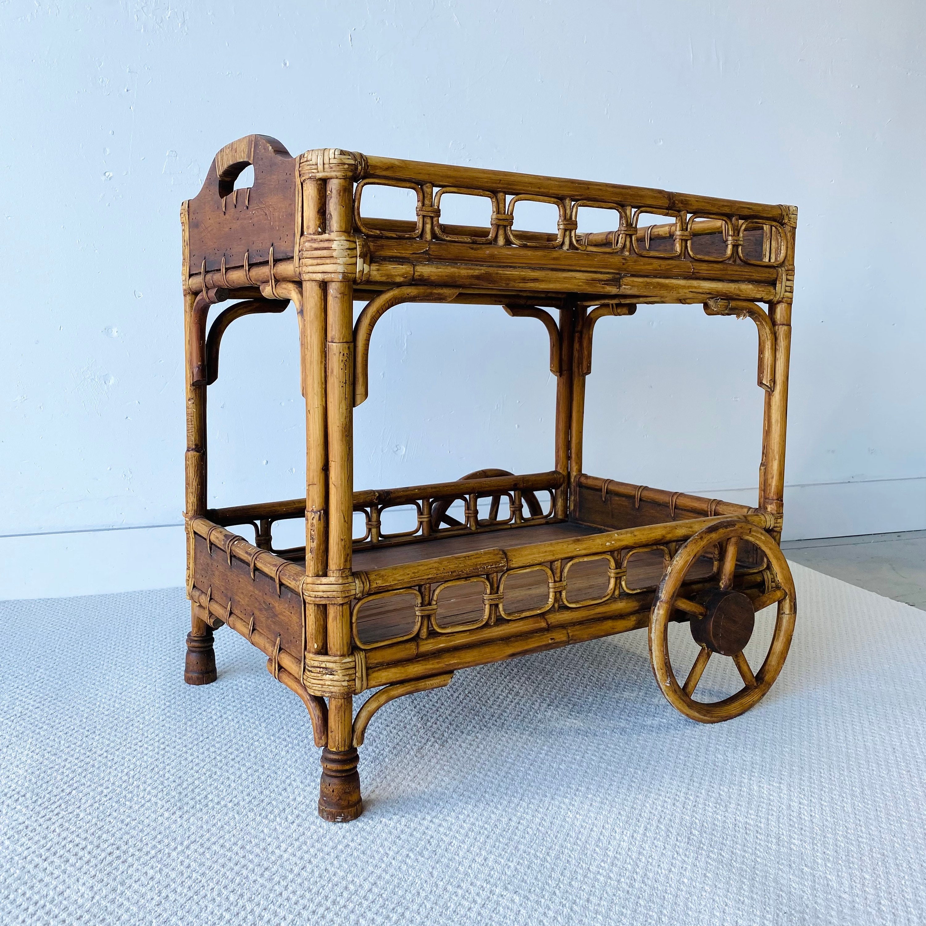 Rattan Bar Cart Vintage Bamboo Trolley With Wooden Wheels 