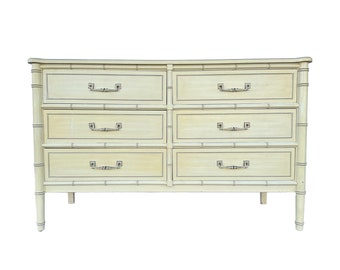 Henry Link Bali Hai Dresser with 6 Drawers - 1970s Vintage Creamy White Faux Bamboo Hollywood Regency Coastal Chinoiserie Furniture