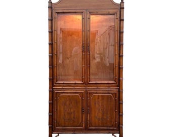 Vintage Faux Bamboo China Cabinet by Dixie Aloha - Illuminated Chinoiserie Wood & Glass Display Case Hollywood Regency Lighted