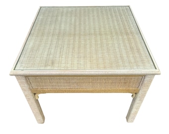 Rattan End Table by Henry Link Wicker 27x27 with Glass Top - Vintage Sqaure Coastal Boho Chic Hollywood Regency Bamboo Style Furniture