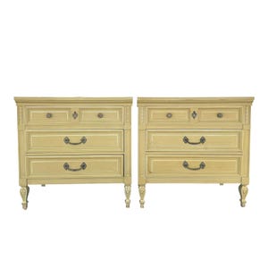 French Country Nightstands 30&quot; Tall by Dixie Furniture - Set of 2 Vintage Yellow Chartreuse Wood Provincial 3 Drawer Chests End Tables Pair
