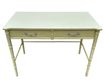 Rare Henry Link Bali Hai Writing Desk 40” - 1970s Vintage Green Faux Bamboo Hollywood Regency Chinoiserie Style