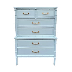 Faux Bamboo Tallboy Dresser by Henry Link Bali Hai Painted Surf Spray Blue - 1970s Vintage Two Tier Chest of 5 Drawers Hollywood Regency