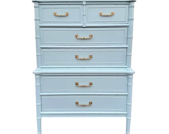 Faux Bamboo Tallboy Dresser by Henry Link Bali Hai Painted Surf Spray Blue - 1970s Vintage Two Tier Chest of 5 Drawers Hollywood Regency