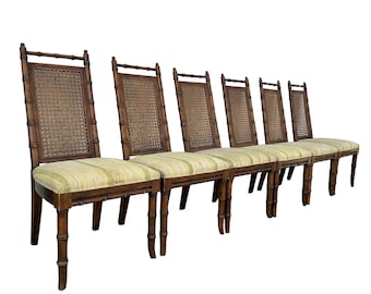 Set of 6 Vintage Faux Bamboo Dining Chairs by American of Martinsville - Hollywood Regency Rattan Cane Coastal Style Furniture