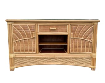 Rattan Sideboard with Bamboo & Wicker 48" - Vintage Buffet Cabinet Hollywood Regency Coastal Boho Chic TV Stand Credenza Glass Table Top