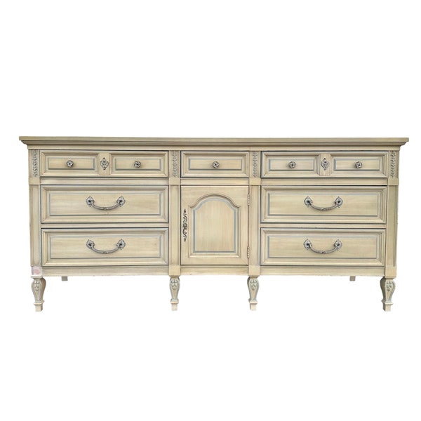 French Country Dresser by Dixie - 1970s Vintage Cream & Light Blue Credenza with 9 Drawers Farmhouse Shabby Chic Style