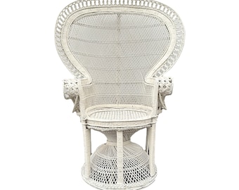 Vintage Peacock Chair - Adult Size 54" Tall 38" Wide - White Rattan Wicker Fan Back Boho Chic Coastal Mid Century MCM Palm Beach Furniture