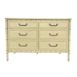 Faux Bamboo Dresser with 6 Drawers 50&quot; Long - Vintage Creamy White Henry Link Style Hollywood Regency Palm Beach Coastal Furniture