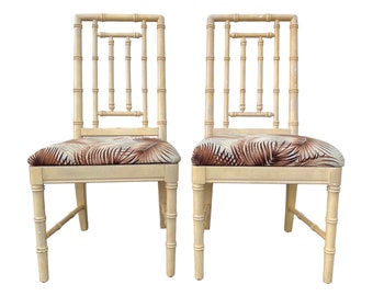 Set of 2 Faux Bamboo Dining Chairs - Vintage Wood Hollywood Regency Coastal Chinoiserie Furniture