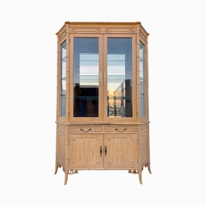 SOLD Vintage Chinoiserie China Cabinet by Century with Faux Bamboo, Greek Key, Mirror & Fretwork - Hollywood Regency Lighted Curio Hutch