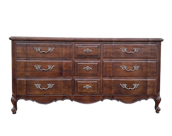 French Provincial Dresser by Thomasville 63" Long - Vintage Carved Wood Louis XV Shabby Chic French Country Style 9 Drawer Credenza