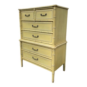 Henry Link Bali Hai Tallboy Dresser 1970s Vintage Yellow Wash Two Tier Faux Bamboo Chest of 5 Drawers Hollywood Regency Coastal Furniture image 2