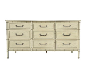 Faux Bamboo Dresser with 9 Drawers - Vintage Creamy White Henry Link Style Hollywood Regency Palm Beach Coastal Bedroom Furniture