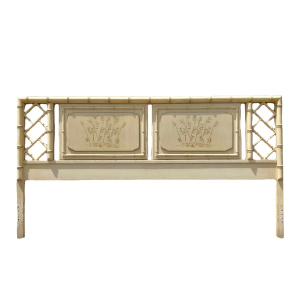 Chinese Chippendale King Headboard by Dixie Aloha - Vintage Faux Bamboo Fretwork Creamy White Hollywood Regency Palm Beach Bedroom Furniture