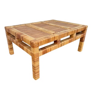 Rattan Coffee Table - Vintage Rectangular Coastal Boho Chic Hollywood Regency Bamboo Style Furniture