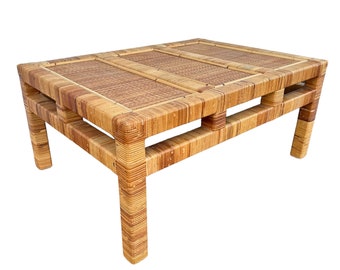 Rattan Coffee Table - Vintage Rectangular Coastal Boho Chic Hollywood Regency Bamboo Style Furniture