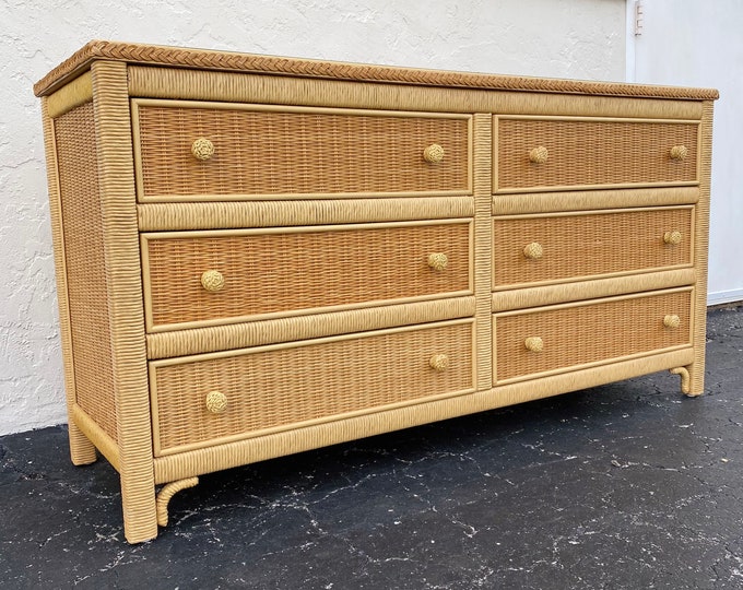 Henry Link Wicker Dresser With 6 Drawers Vintage Wrapped Rattan Coastal