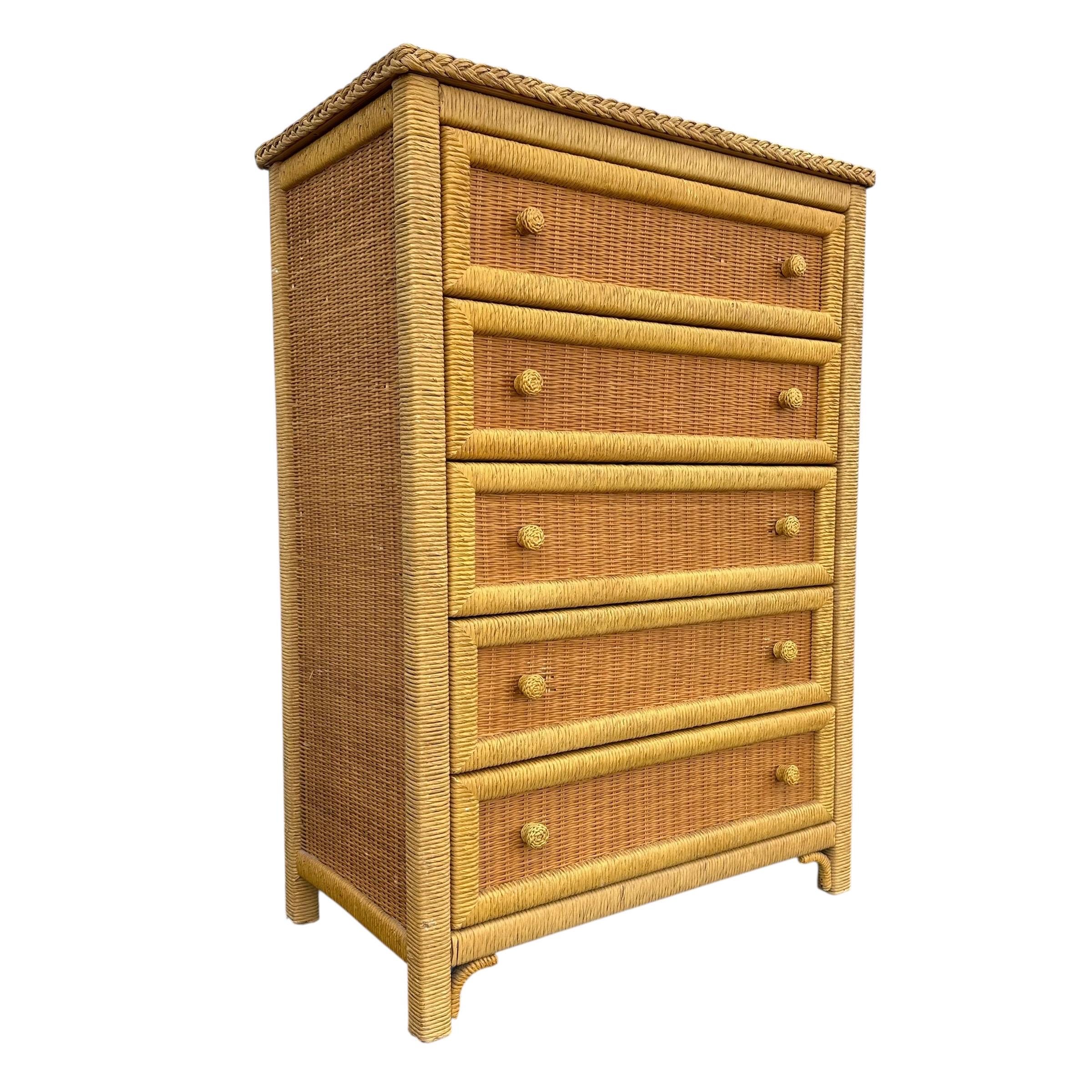 【希少】Henry Link ヴィンテージ6ドロワー チェスト 高級無垢材 収納 Wicker Dresser Chest by Henry Link - Vintage Natural Wrapped