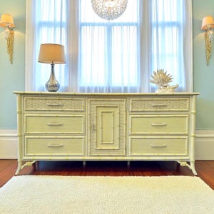 Hollywood Regency Dresser by Stanley Furniture - 1970s Vintage 9 Drawer, Faux Bamboo & Rattan Wicker, Light Yellow, Chinoiserie Style