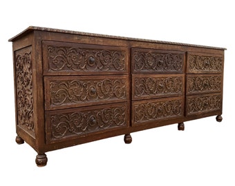 Carved Wood Dresser with 9 Ornate Drawers 81” Long - Large Vintage Peruvian Spanish Colonial Rustic Buffet Sideboard Credenza Furniture