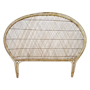 Vintage Woven Rattan Wicker Full Headboard with Rounded Arch - Peacock Fan Style Coastal Boho Tropical Bedroom Decor 48”H x 59.5”W