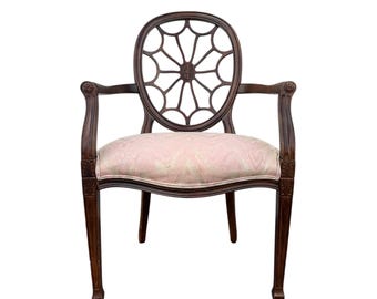 Vintage Spider Web Arm Chair - Hollywood Regency Wheel Back Dining Armchair with Elegant Carvings
