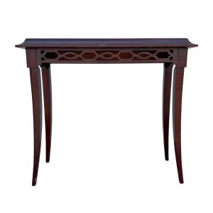 May include: A dark brown wooden console table featuring a rectangular top with slightly curved edges and a decorative apron with an openwork geometric lattice pattern. The table is supported by four slender, slightly flared legs.