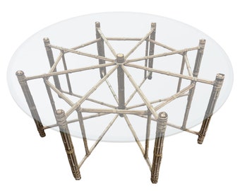 McGuire Bamboo Rattan Octagonal Dining Table Base with Large 74" Round Glass - Vintage Organic Midcentury Modern Rawhide Leather Furniture