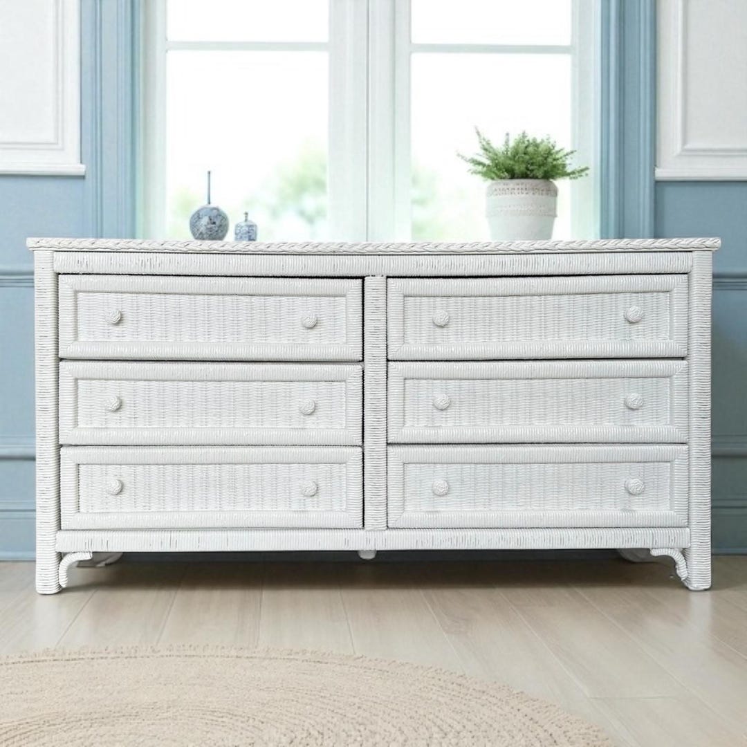 White Wicker Dresser by Henry Link With 6 Drawers 58” Long