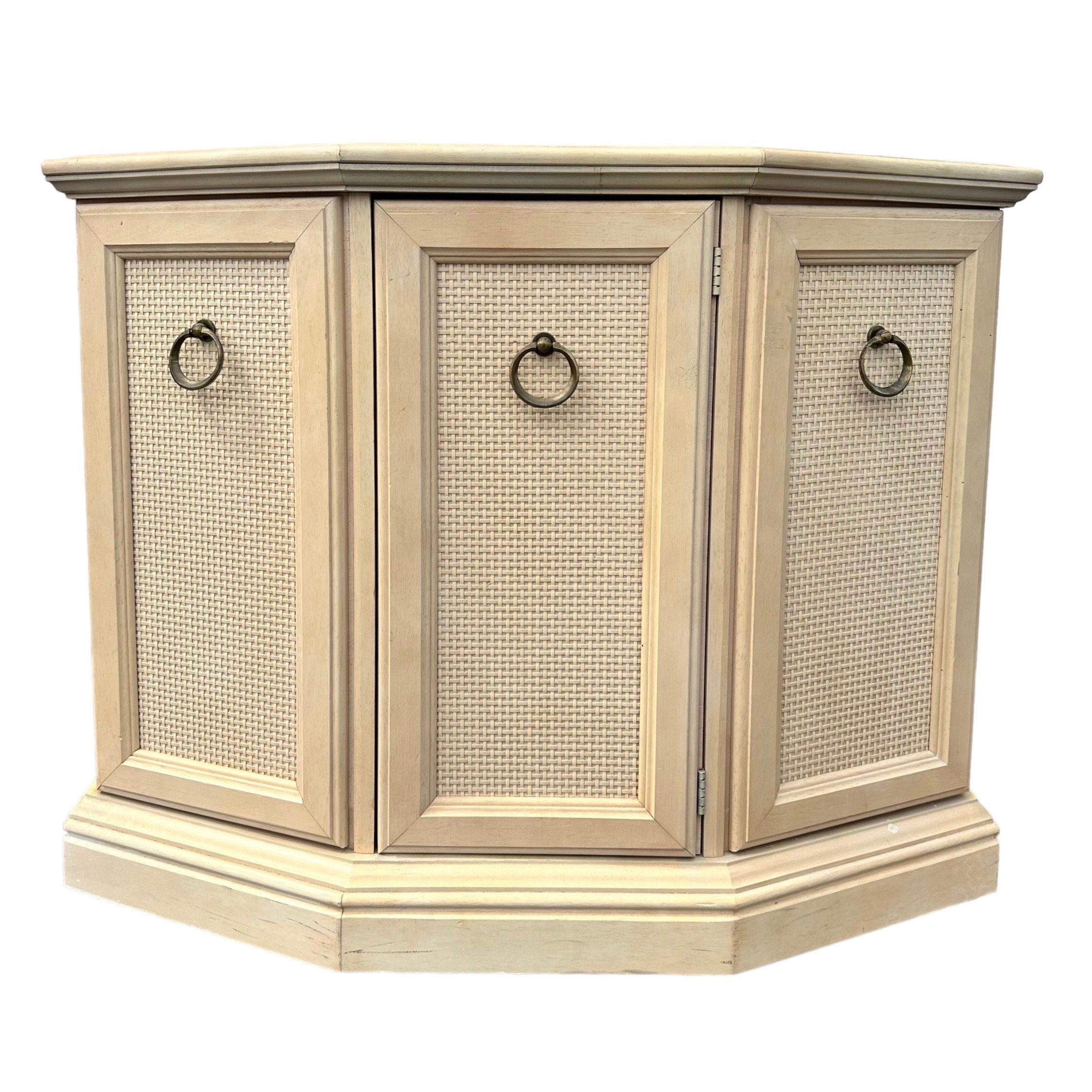 Vintage Entry Cabinet with Faux Rattan Wicker 36x14x29 - Hollywood Regency Coastal Narrow Accent Table or Bathroom Furniture 