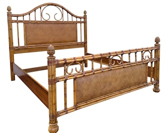 Bamboo King Bed with Rattan Post Headboard & Footboard 70" Tall - Coastal Wicker Carved Wood Artichoke Finials Tommy Bahama Style Furniture