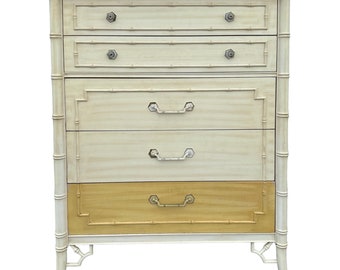 Vintage Faux Bamboo Tallboy Dresser by Thomasville Allegro - Creamy White Chest of 5 Drawers Hollywood Regency Fretwork Coastal Chinoiserie