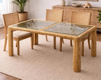 Vintage Split Bamboo Dining Table with Glass Top - 59" Rectangular Boho Coastal Waterfall Edge Rattan Style