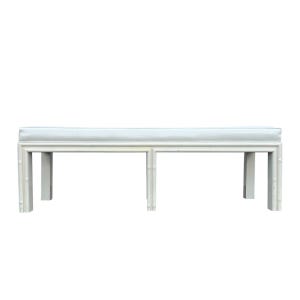 May include: A white bench with a rectangular seat and a bamboo-style frame. The bench is painted in a light, neutral color, and the design suggests a blend of modern and natural aesthetics. The bench is approximately 60 inches long.