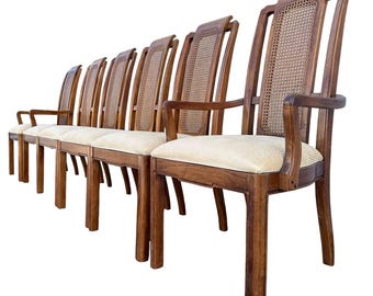 Set of 6 Chinoiserie Dining Chairs by Thomasville Mystique - Vintage Pecan Wood & Rattan Cane Asian Chinese White Fabric Upholstered Seats