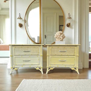 Set of 2 Hollywood Regency Nightstands by Stanley - 1970s Vintage Faux Bamboo & Rattan Wicker, Light Yellow, Chinoiserie Coastal End Tables