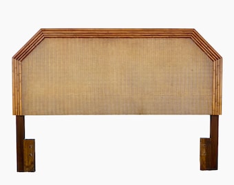 Faux Bamboo Queen Headboard with Rattan Wicker - Vintage Broyhill Wooded Coastal Hollywood Regency Bedroom Furniture