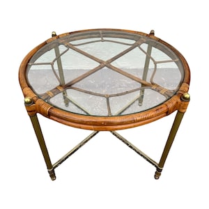 Hollywood Regency Rattan Brass Side Table 29” Round - Vintage Glass Top Coastal Italian Style
