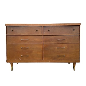 Mid Century Modern Dresser Project with 6 Drawers by Bassett 50” Long - 1960s Vintage MCM Midcentury Wood & Brass Credenza