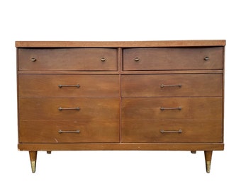 Mid Century Modern Dresser Project with 6 Drawers by Bassett 50” Long - 1960s Vintage MCM Midcentury Wood & Brass Credenza