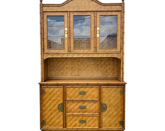 Rattan China Cabinet By Dixie - Vintage 2pc Buffet & Lighted Hutch with Boho Chic Herringbone Wicker, Faux Bamboo and Glass Display Case