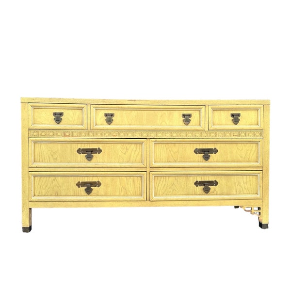 Chinoiserie Dresser with 7 Drawers by Dixie ShangriLa - Vintage Yellow Wood Asian Hollywood Regency Style Credenza Furniture