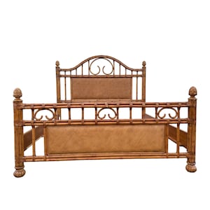 Bamboo King Bed with Rattan Post Headboard & Footboard 71&quot; Tall - Coastal Wicker Carved Wood Artichoke Finials Tommy Bahama Style Furniture