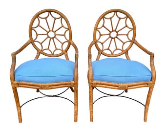 Rattan Spider Back Arm Chairs - Set of 2 Vintage Bent Wood Hollywood Regency Coastal Palm Beach McGuire Style Dining or Accent Armchair Pair
