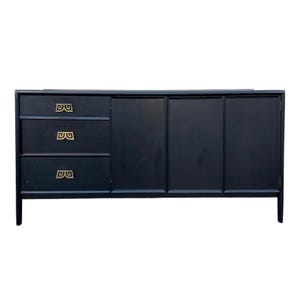 Vintage Drexel Parallel Sideboard - Black Wood, Gold, Chinoiserie MidCentury Asian Oriental Style Credenza Cabinet
